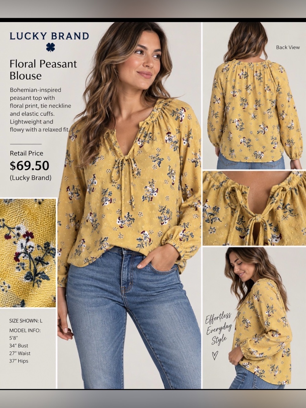 Lucky Brand Mustard Yellow Floral Peasant Blouse, Size L